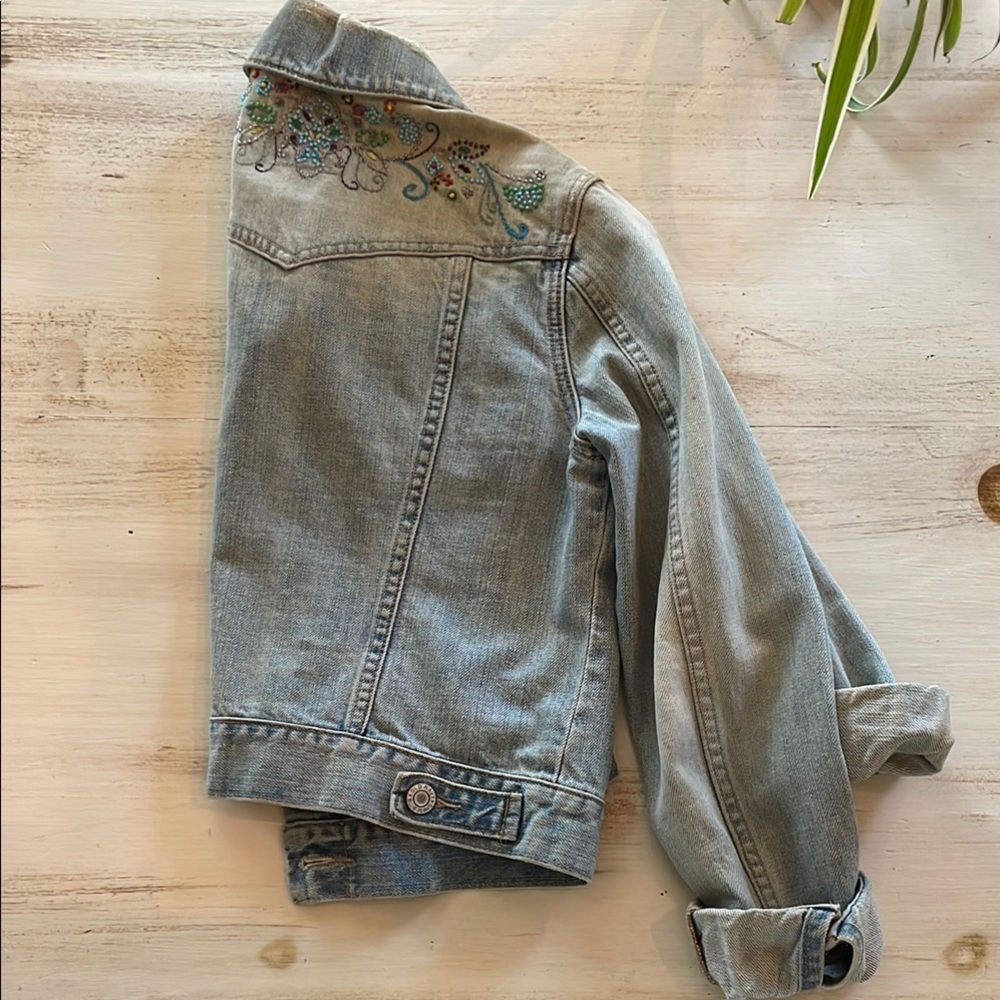 Vintage Beaded Light Blue Jean Jacket with Distressed Details